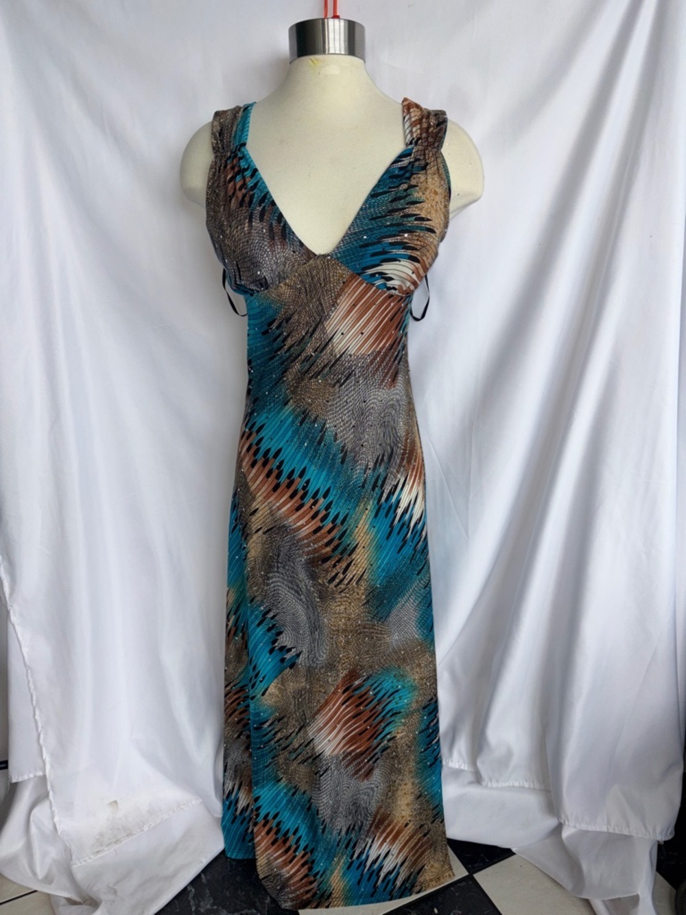 Koko Breeze Bra-top Maxi Dress, sequin, brown and turquoise, sz M, 18” PTP, 52”L